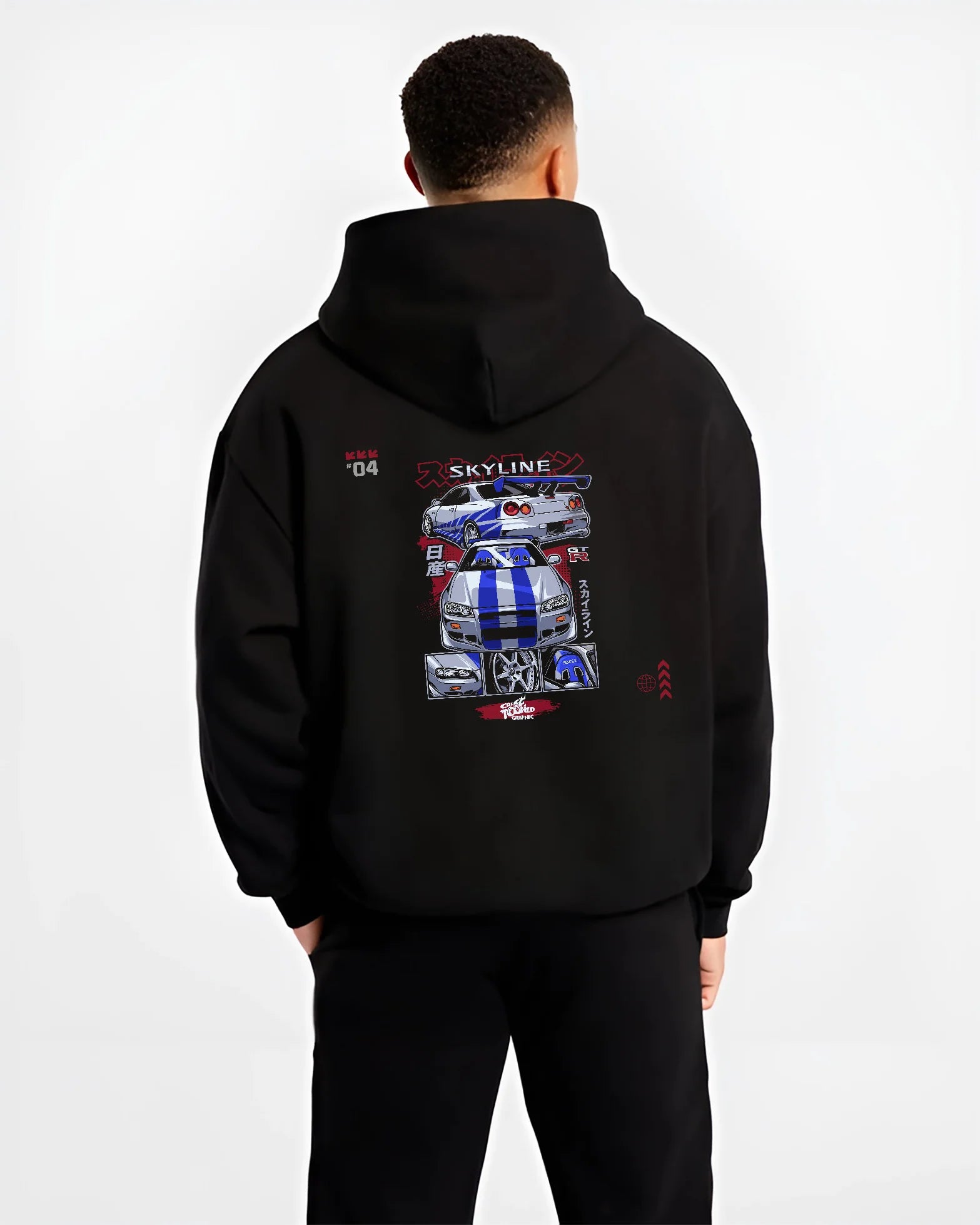 Black hoodie worn by a male model, back view, featuring Nissan Skyline R34 gt r r34 skyline drift jdm racing graphic.