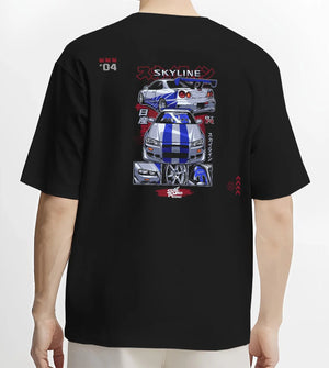 Black T-shirt worn by a male model, back view, featuring Nissan Skyline R34 gt r r34 skyline drift jdm racing graphic.