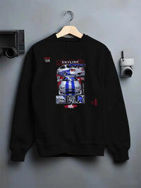 Black crewneck sweatshirt on a hanger against a grey wall, featuring Nissan Skyline R34 gt r r34 skyline drift jdm racing graphic.