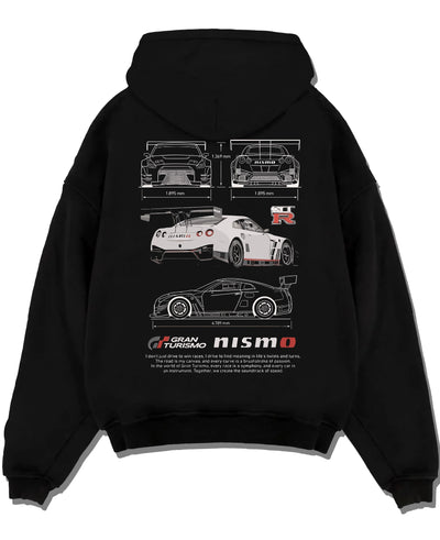 Black pullover hoodie laid flat on a white background, featuring Nissan GT-R gt r gran turismo legend racing street graphic.
