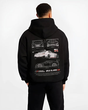 Black hoodie worn by a male model, back view, featuring Nissan GT-R gt r gran turismo legend racing street performance graphic.