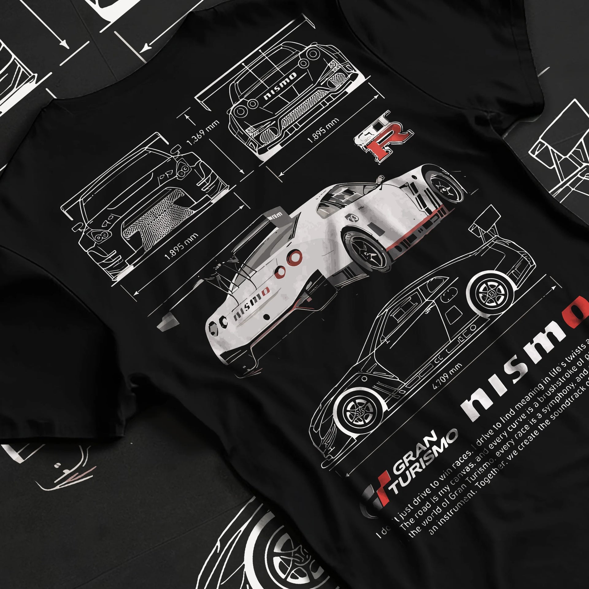Black T-shirt laid flat with natural fabric folds, featuring Nissan GT-R gt r gran turismo legend racing street performance graphic.