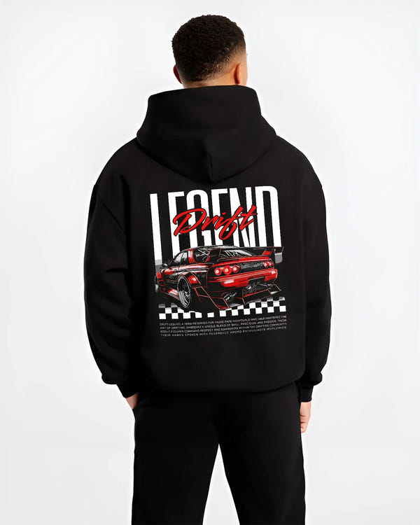 Black hoodie worn by a male model, back view, featuring Nissan GT-R R34 gtr r34 skyline racing drift jdm graphic.
