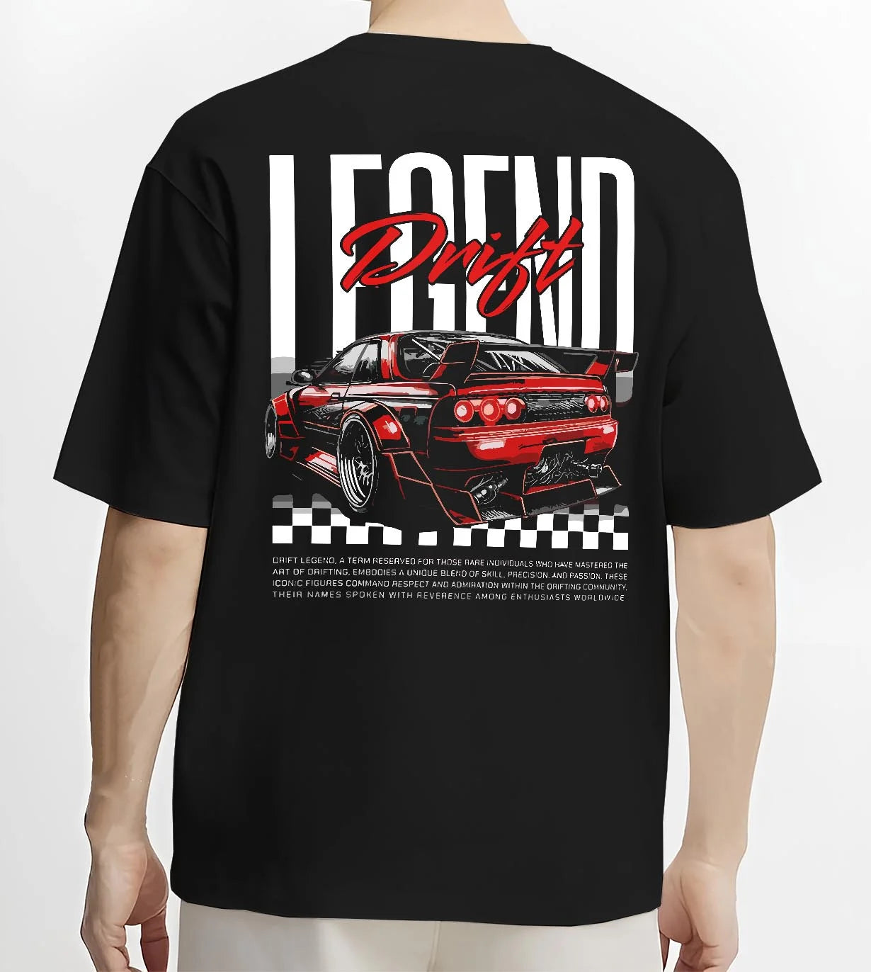 Black T-shirt worn by a male model, back view, featuring Nissan GT-R R34 gtr r34 skyline racing drift jdm graphic.