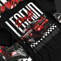 Black T-shirt laid flat with natural fabric folds, featuring Nissan GT-R R34 gtr r34 skyline racing drift jdm graphic.
