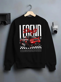 Black crewneck sweatshirt on a hanger against a grey wall, featuring Nissan GT-R R34 gtr r34 skyline racing drift jdm graphic.