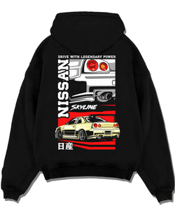 Black pullover hoodie laid flat on a white background, featuring Nissan Skyline R34 r34 skyline turbo drift jdm racing graphic.