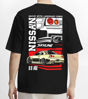 Black T-shirt worn by a male model, back view, featuring Nissan Skyline R34 r34 skyline turbo drift jdm racing graphic.