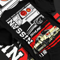 Black T-shirt laid flat with natural fabric folds, featuring Nissan Skyline R34 r34 skyline turbo drift jdm racing graphic.