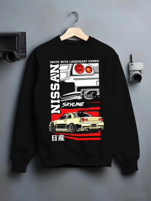 Black crewneck sweatshirt on a hanger against a grey wall, featuring Nissan Skyline R34 r34 skyline turbo drift jdm racing graphic.