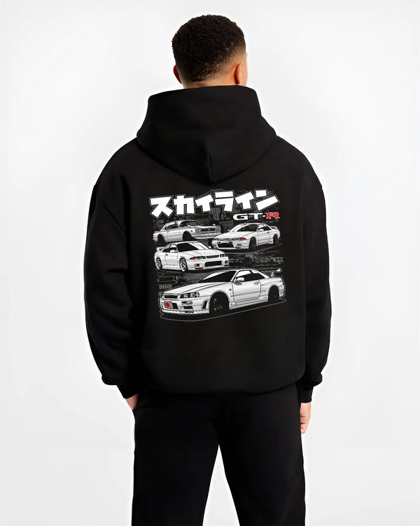 Black hoodie worn by a male model, back view, featuring EVO racing drift jdm stance slammed street performance graphic.