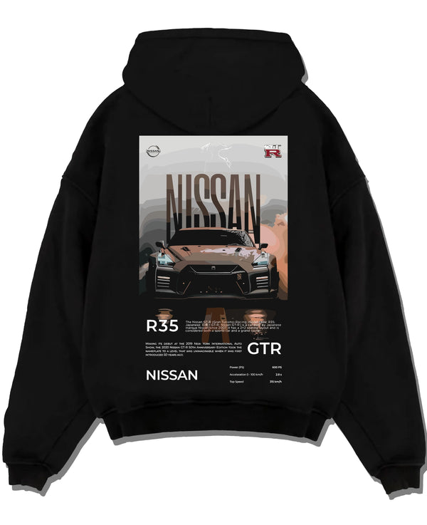 Black pullover hoodie laid flat on a white background, featuring Nissan GT-R R35 gt r r35 turbo racing street legend graphic.