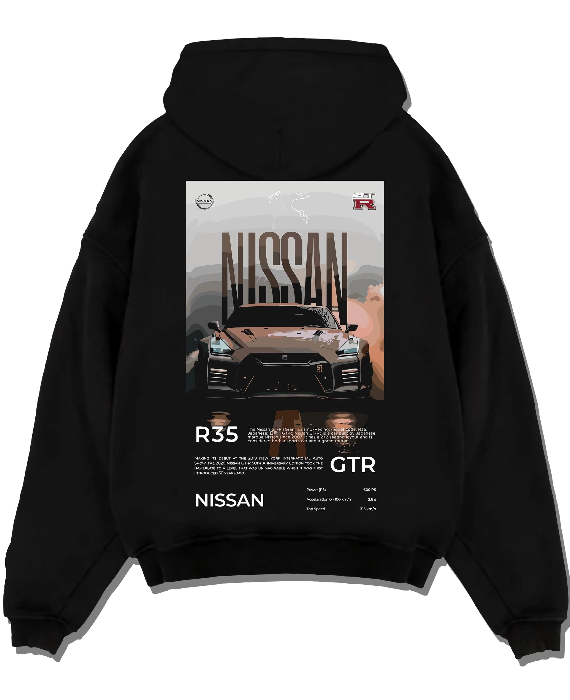 Black pullover hoodie laid flat on a white background, featuring Nissan GT-R R35 gt r r35 turbo racing street legend graphic.