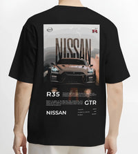Black T-shirt worn by a male model, back view, featuring Nissan GT-R R35 gt r r35 turbo racing street legend graphic.