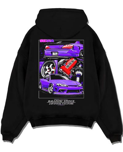 Black pullover hoodie laid flat on a white background, featuring Nissan 180SX racing drift jdm japanese tuning street graphic.