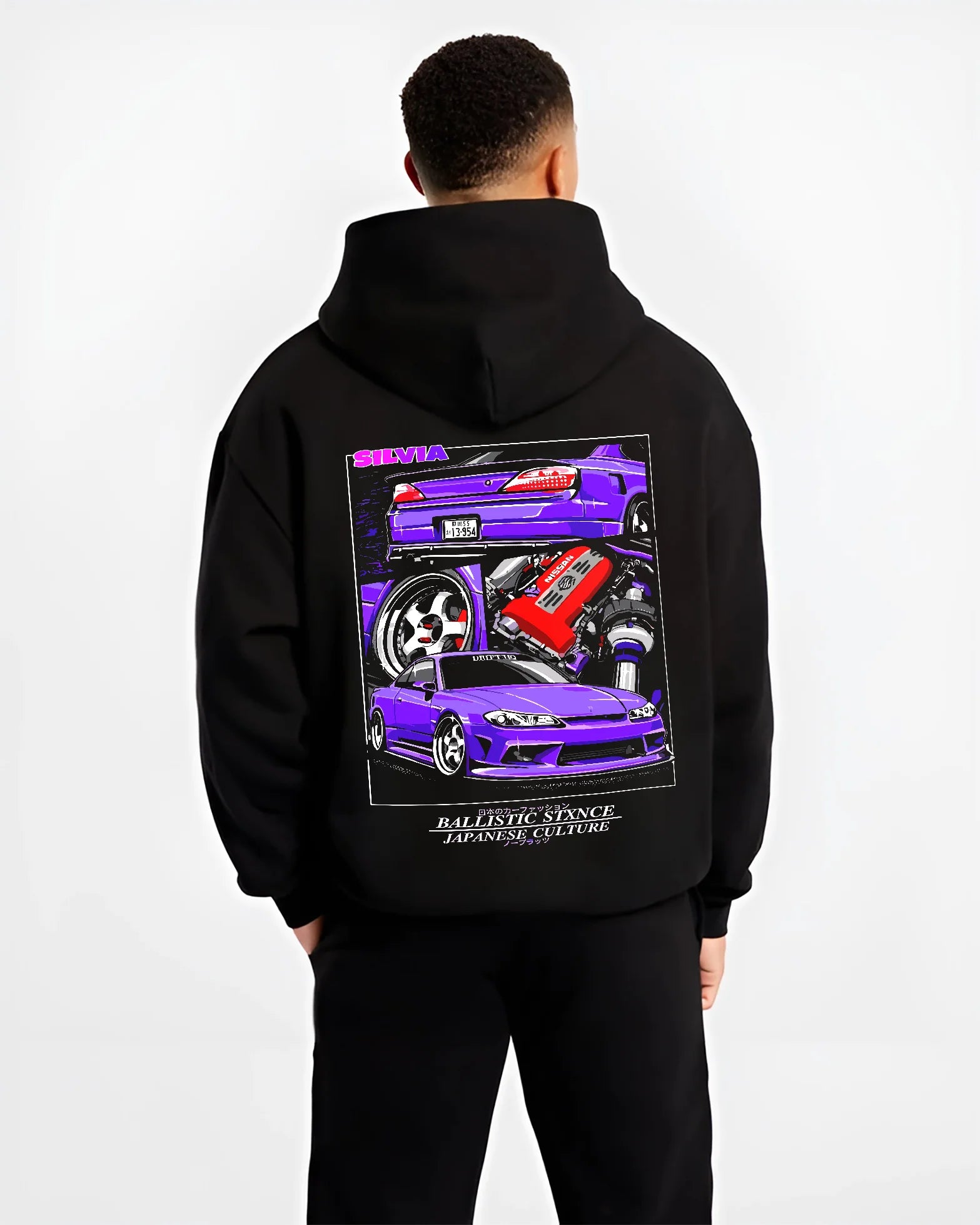 Black hoodie worn by a male model, back view, featuring Nissan 180SX racing drift jdm japanese tuning street graphic.