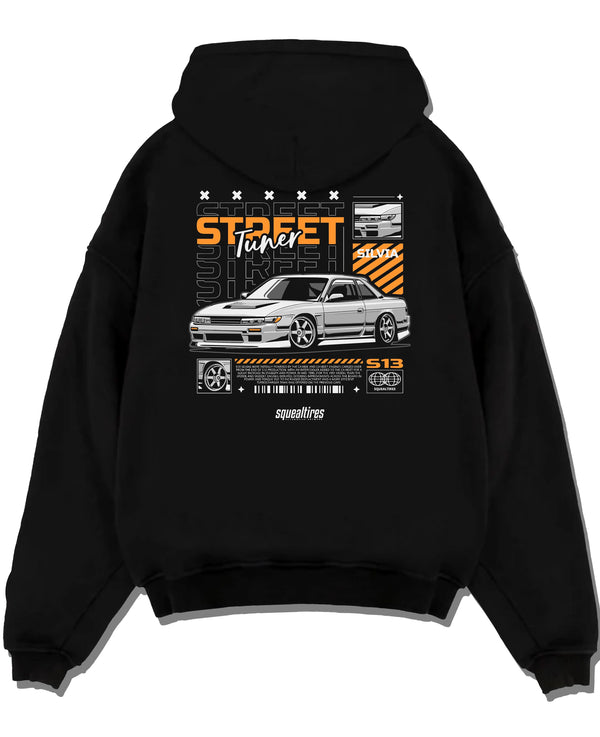 Black pullover hoodie laid flat on a white background, featuring Nissan Silvia S15 silvia turbo turbocharged racing drift graphic.