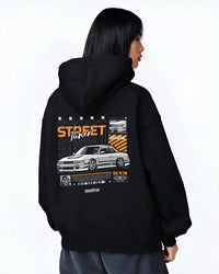 Black hoodie worn by a female model, back view, featuring Nissan Silvia S15 silvia turbo turbocharged racing drift jdm graphic.
