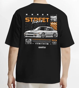 Black T-shirt worn by a male model, back view, featuring Nissan Silvia S15 silvia turbo turbocharged racing drift jdm graphic.