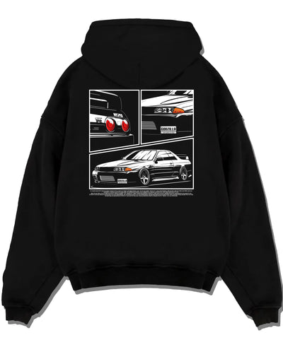 Black pullover hoodie laid flat on a white background, featuring Nissan Silvia S15 silvia turbo drift jdm japanese stance graphic.