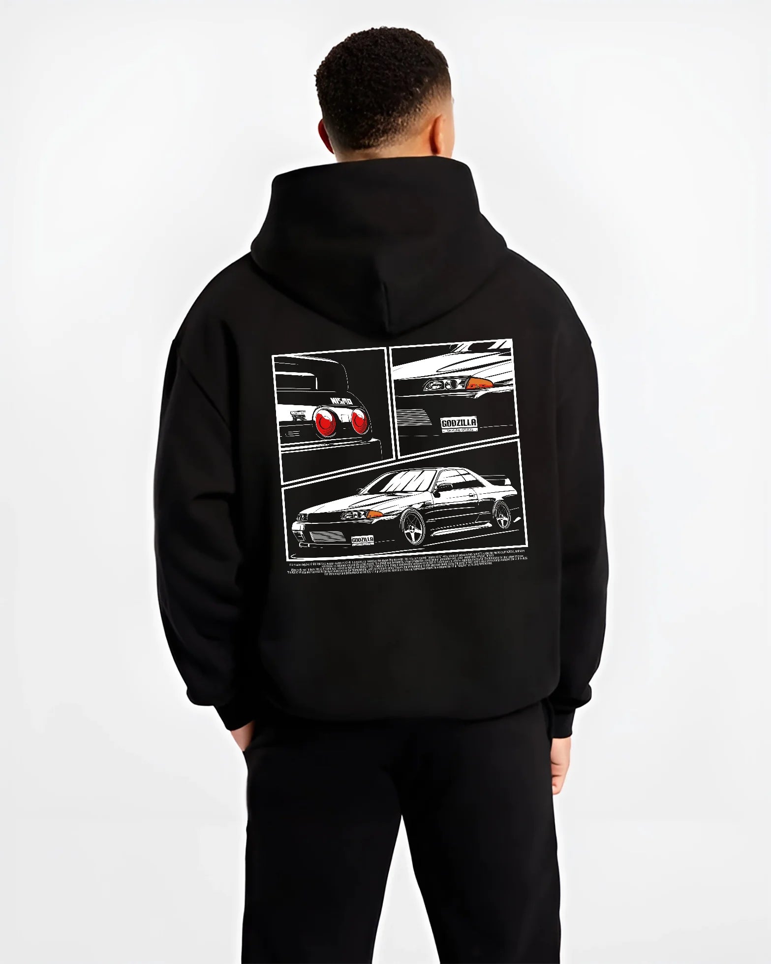 Black hoodie worn by a male model, back view, featuring Nissan Silvia S15 silvia turbo drift jdm japanese stance graphic.