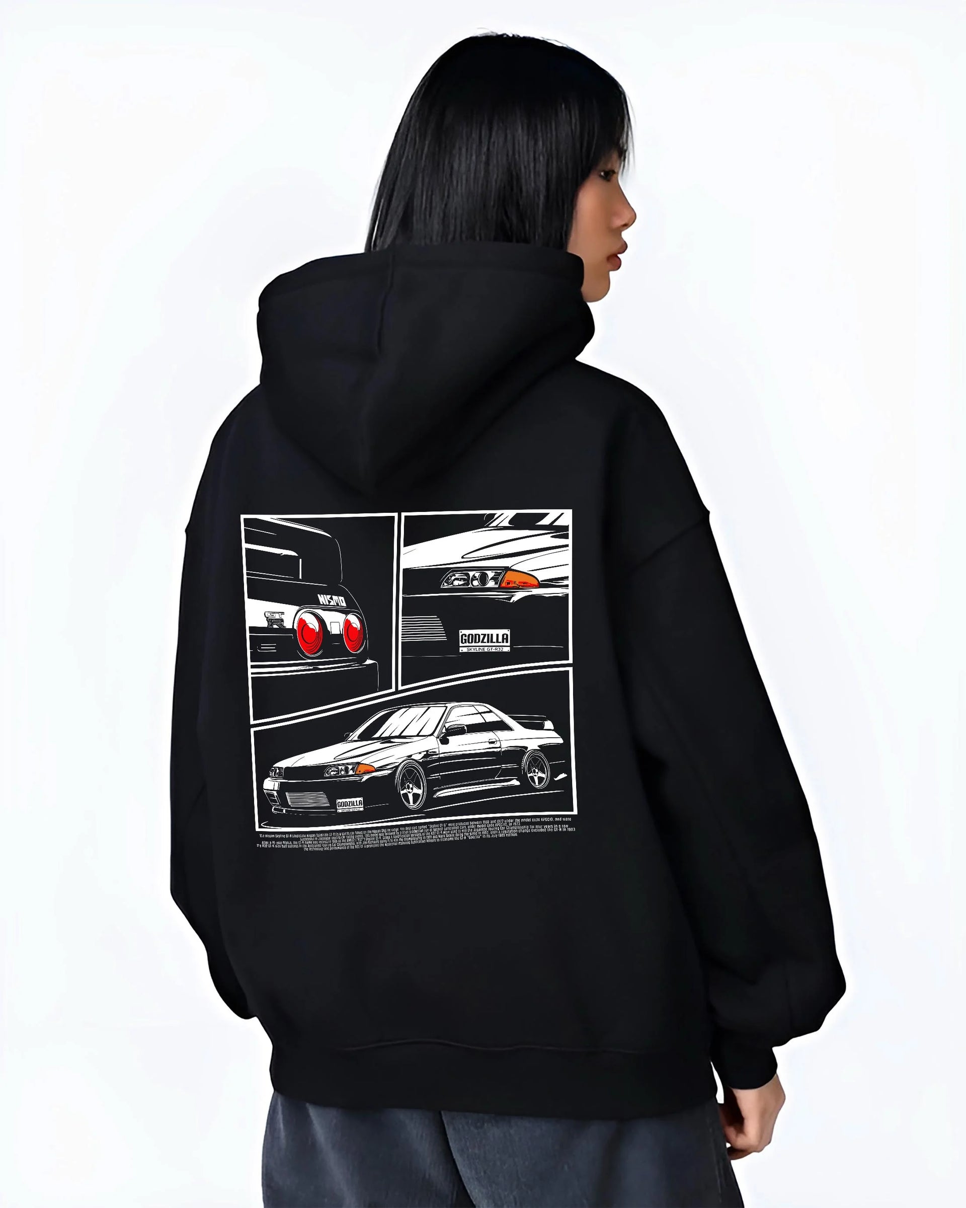 Black hoodie worn by a female model, back view, featuring Nissan Silvia S15 silvia turbo drift jdm japanese stance graphic.