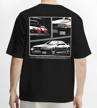 Black T-shirt worn by a male model, back view, featuring Nissan Silvia S15 silvia turbo drift jdm japanese stance graphic.