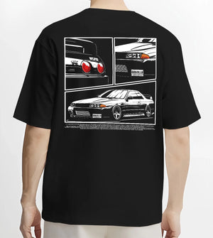Black T-shirt worn by a male model, back view, featuring Nissan Silvia S15 silvia turbo drift jdm japanese stance graphic.