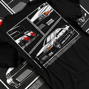 Black T-shirt laid flat with natural fabric folds, featuring Nissan Silvia S15 silvia turbo drift jdm japanese stance graphic.