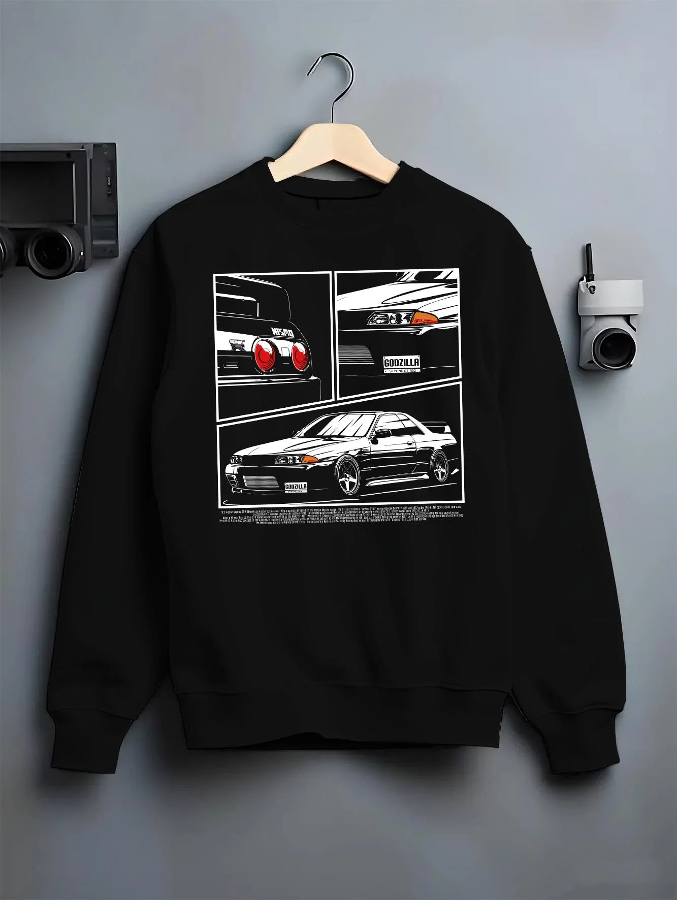 Black crewneck sweatshirt on a hanger against a grey wall, featuring Nissan Silvia S15 silvia turbo drift jdm japanese graphic.