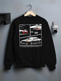 Black crewneck sweatshirt on a hanger against a grey wall, featuring Nissan Silvia S15 silvia turbo drift jdm japanese graphic.