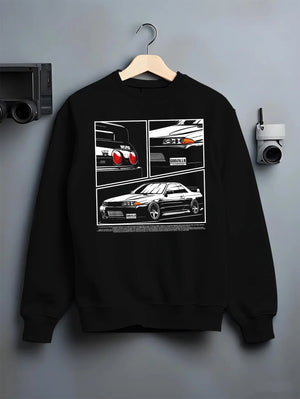 Black crewneck sweatshirt on a hanger against a grey wall, featuring Nissan Silvia S15 silvia turbo drift jdm japanese graphic.