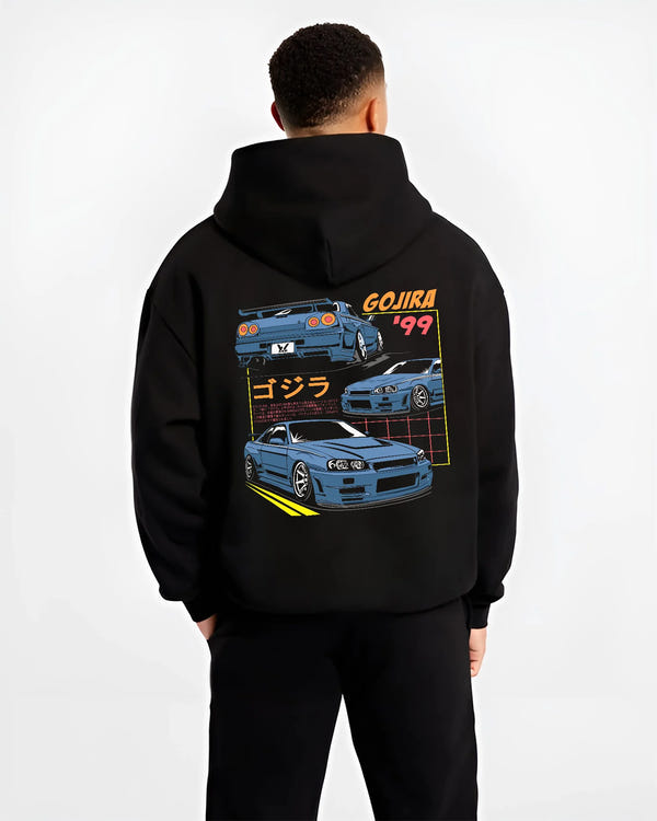 Black hoodie worn by a male model, back view, featuring Nissan Silvia S13 silvia turbo racing drift jdm japanese tuner graphic.