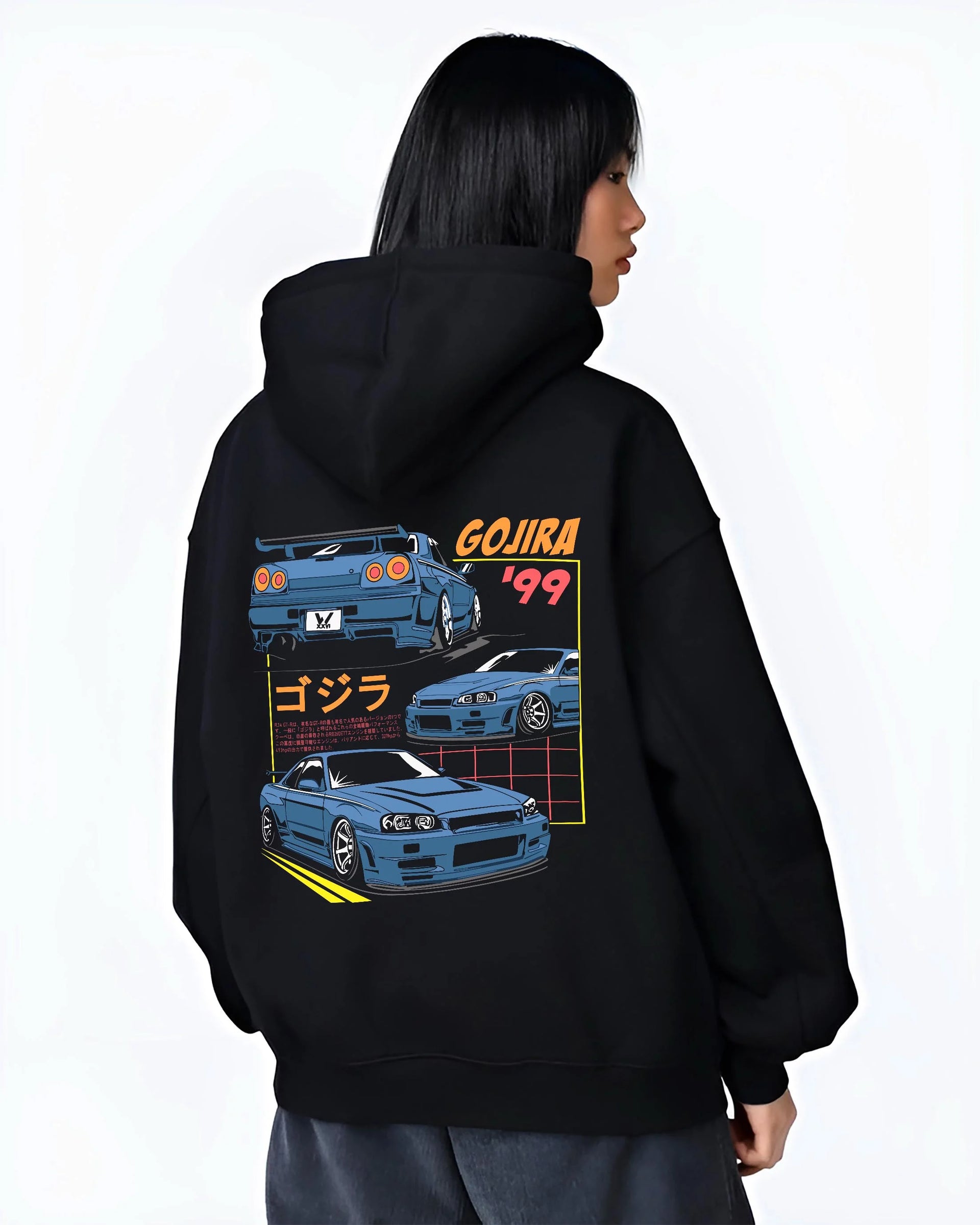 Black hoodie worn by a female model, back view, featuring Nissan Silvia S13 silvia turbo racing drift jdm japanese tuner graphic.