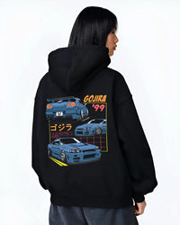 Black hoodie worn by a female model, back view, featuring Nissan Silvia S13 silvia turbo racing drift jdm japanese tuner graphic.