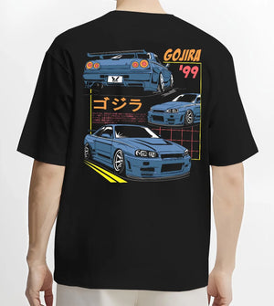 Black T-shirt worn by a male model, back view, featuring Nissan Silvia S13 silvia turbo racing drift jdm japanese tuner graphic.