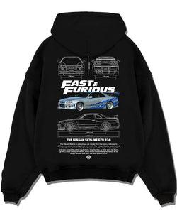 Black pullover hoodie laid flat on a white background, featuring Nissan Skyline R32 r32 skyline turbo racing drift jdm graphic.