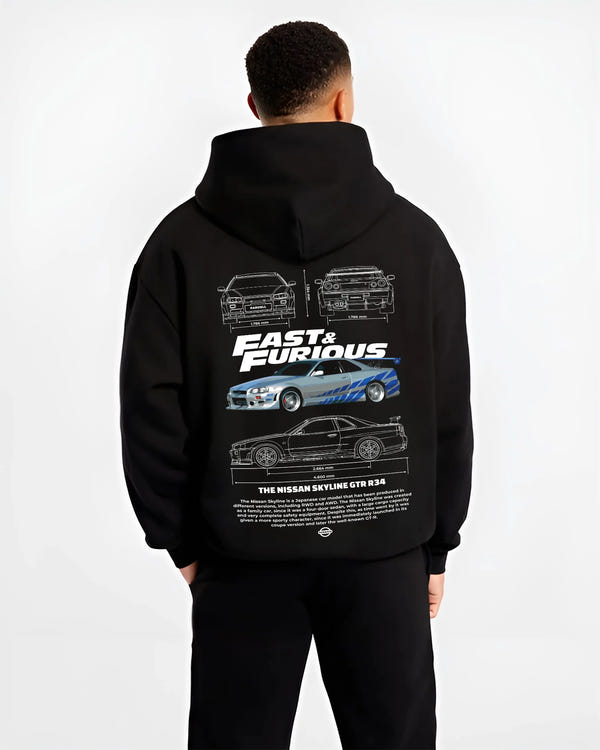 Black hoodie worn by a male model, back view, featuring Nissan Skyline R32 r32 skyline turbo racing drift jdm japanese graphic.