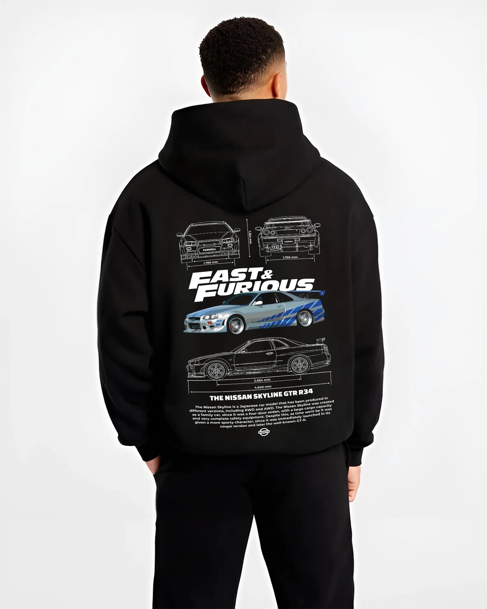 Black hoodie worn by a male model, back view, featuring Nissan Skyline R32 r32 skyline turbo racing drift jdm japanese graphic.