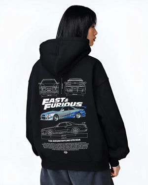 Black hoodie worn by a female model, back view, featuring Nissan Skyline R32 r32 skyline turbo racing drift jdm japanese graphic.