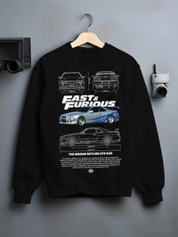 Black crewneck sweatshirt on a hanger against a grey wall, featuring Nissan Skyline R32 r32 skyline turbo racing drift jdm graphic.