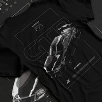 Black T-shirt laid flat with natural fabric folds, featuring Nissan 300ZX turbo turbocharged drift jdm japanese tuner graphic.
