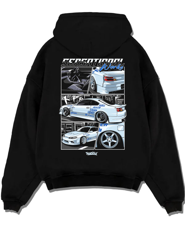 Black pullover hoodie laid flat on a white background, featuring Nissan Silvia S15 silvia turbo drift jdm street legend graphic.