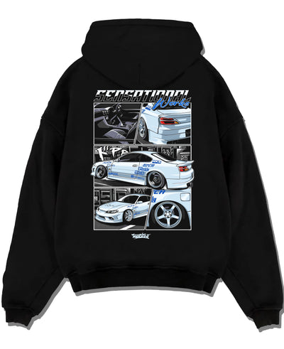 Black pullover hoodie laid flat on a white background, featuring Nissan Silvia S15 silvia turbo drift jdm street legend graphic.