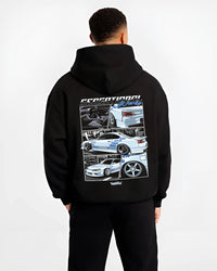 Black hoodie worn by a male model, back view, featuring Nissan Silvia S15 silvia turbo drift jdm street legend graphic.
