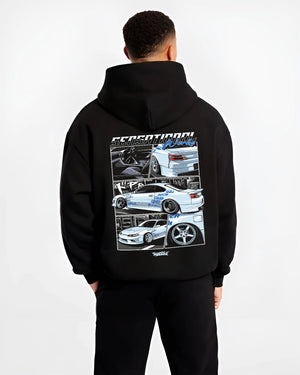 Black hoodie worn by a male model, back view, featuring Nissan Silvia S15 silvia turbo drift jdm street legend graphic.