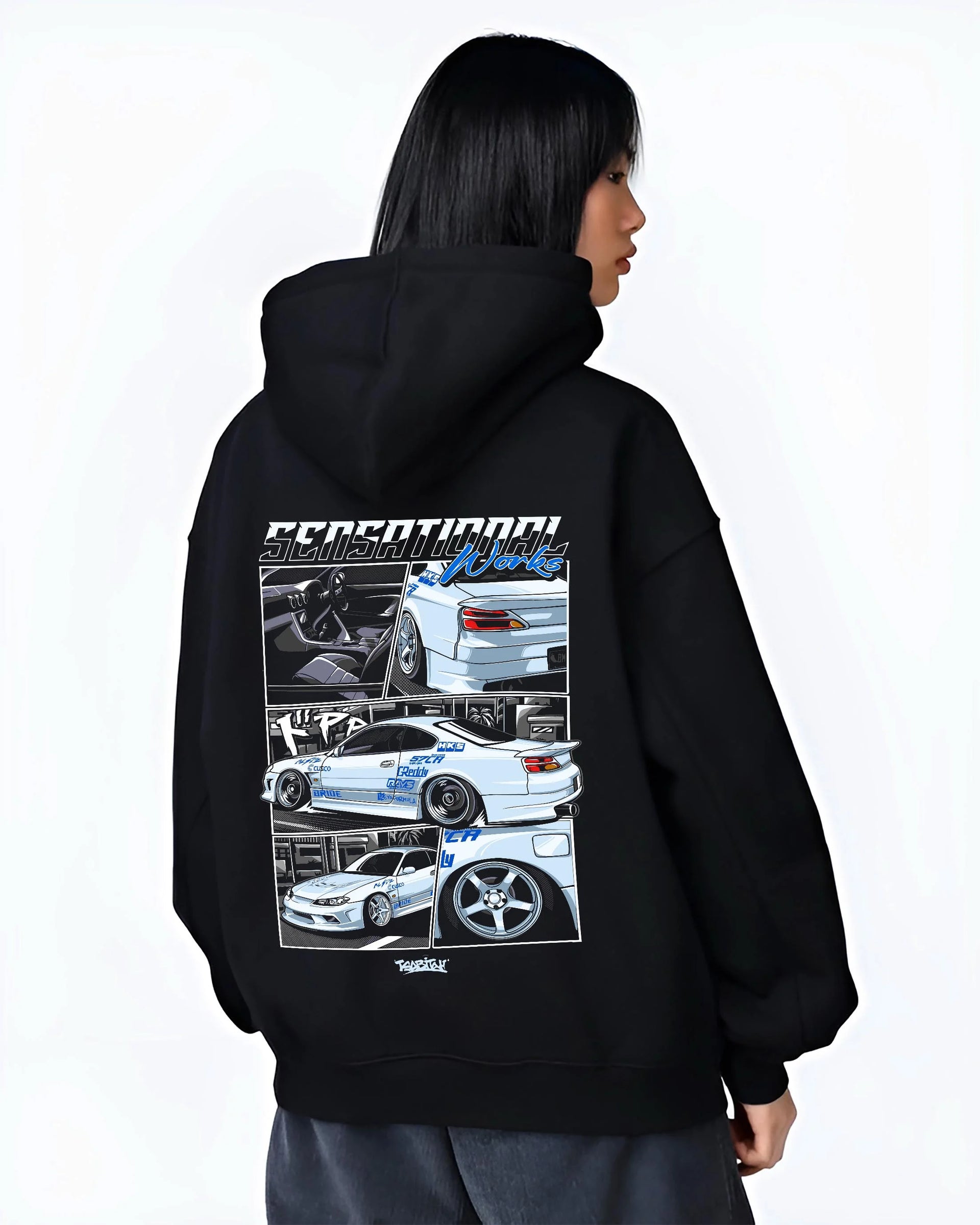 Black hoodie worn by a female model, back view, featuring Nissan Silvia S15 silvia turbo drift jdm street legend graphic.
