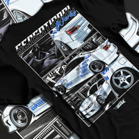 Black T-shirt laid flat with natural fabric folds, featuring Nissan Silvia S15 silvia turbo drift jdm street legend graphic.
