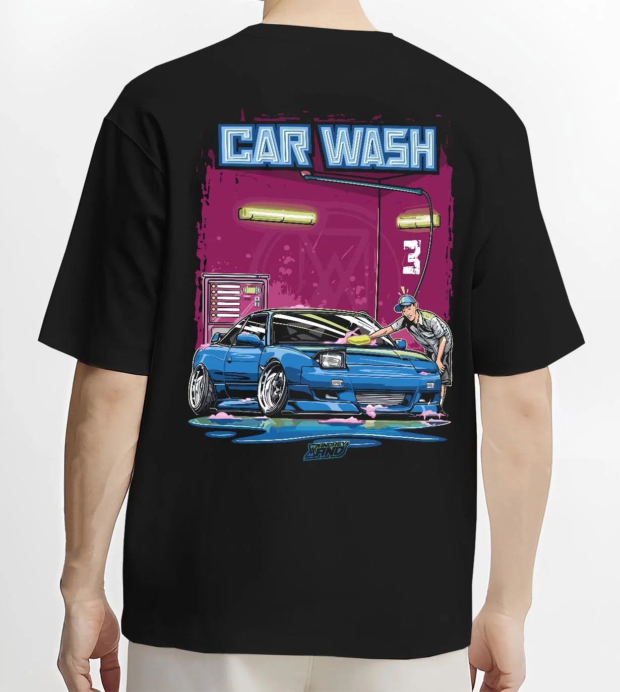Black T-shirt worn by a male model, back view, featuring Nissan Silvia S15 silvia turbo drift jdm street legend nis68.
