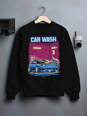 Black crewneck sweatshirt on a hanger against a grey wall, featuring Nissan Silvia S15 silvia turbo drift jdm street legend nis68.